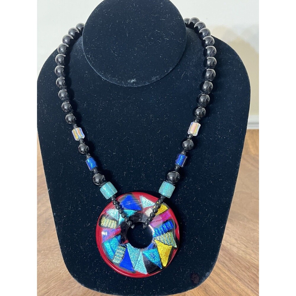 Vtg Artisan Dicrotic Pendant Glass Beaded Necklace Boho Tribal Art To Wear